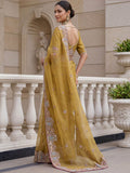 Impressive Mustard Yellow Embroidered Organza Festive Wear Saree With Blouse