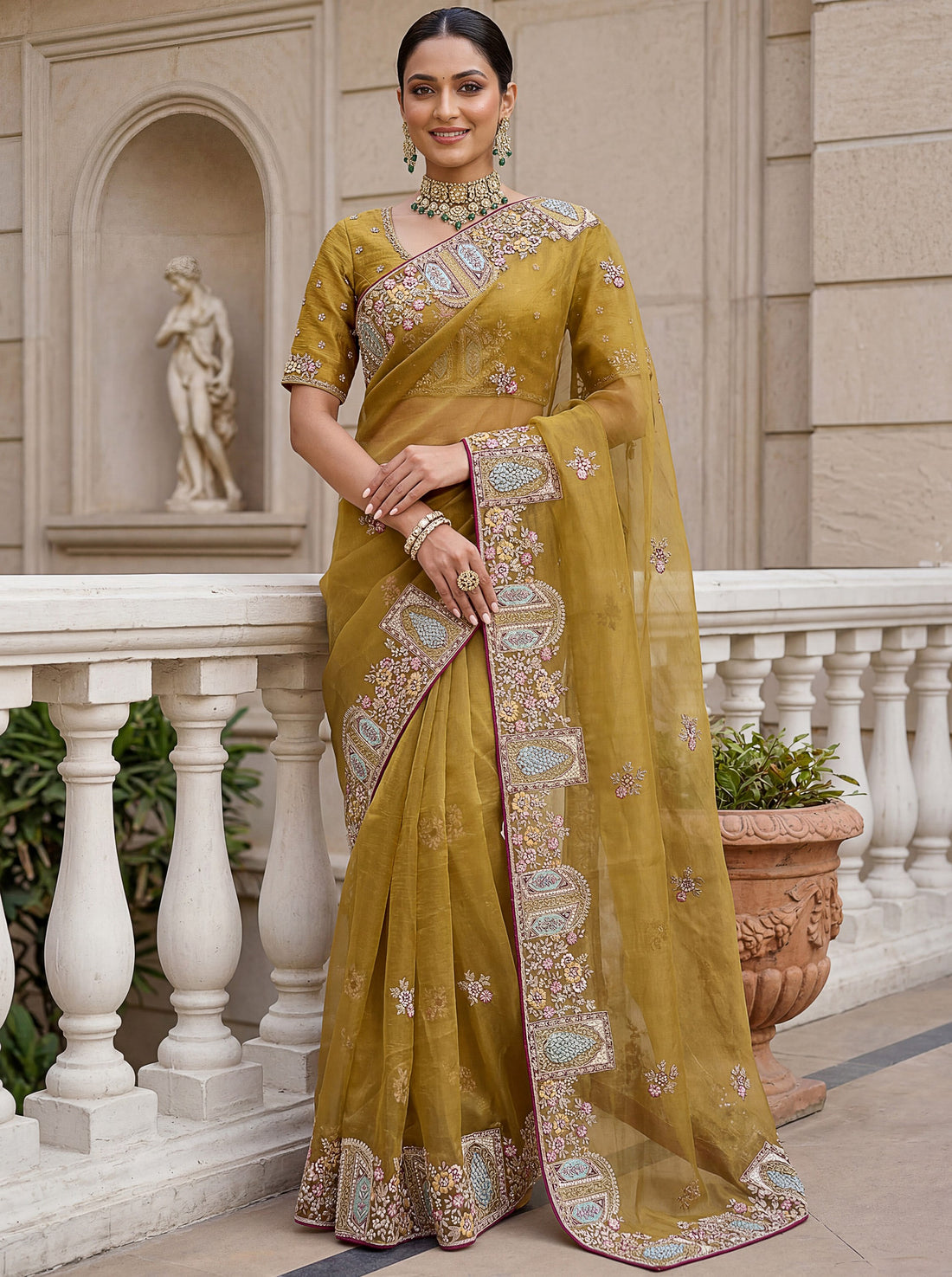 Impressive Mustard Yellow Embroidered Organza Festive Wear Saree With Blouse