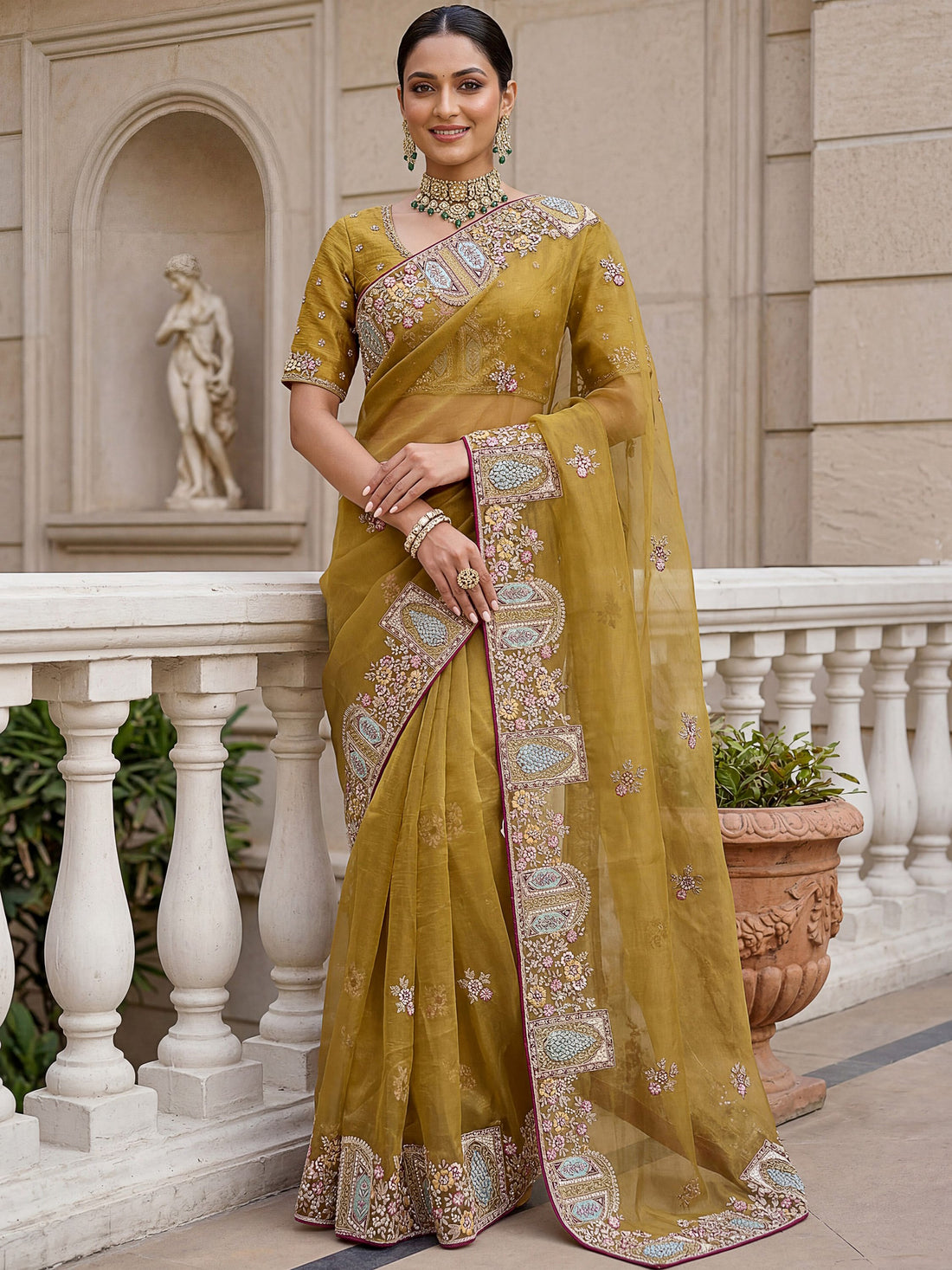 Impressive Mustard Yellow Embroidered Organza Festive Wear Saree With Blouse