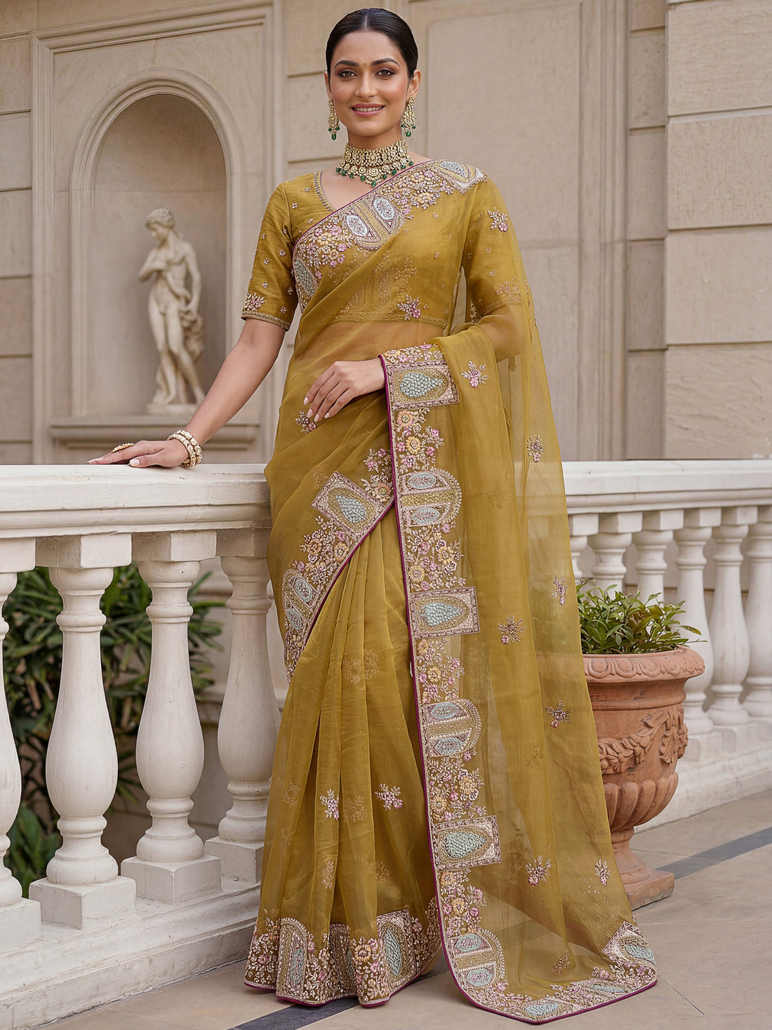 Impressive Mustard Yellow Embroidered Organza Festive Wear Saree With Blouse