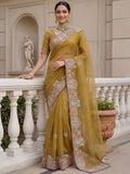 Impressive Mustard Yellow Embroidered Organza Festive Wear Saree With Blouse