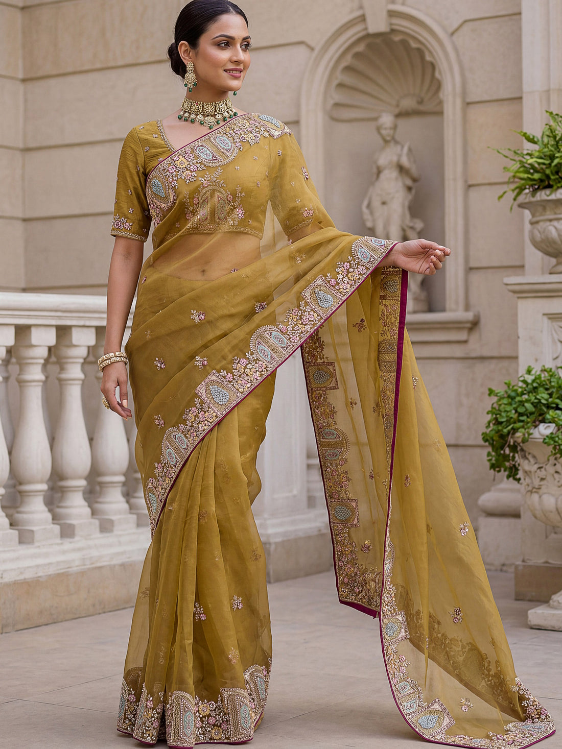 Impressive Mustard Yellow Embroidered Organza Festive Wear Saree With Blouse