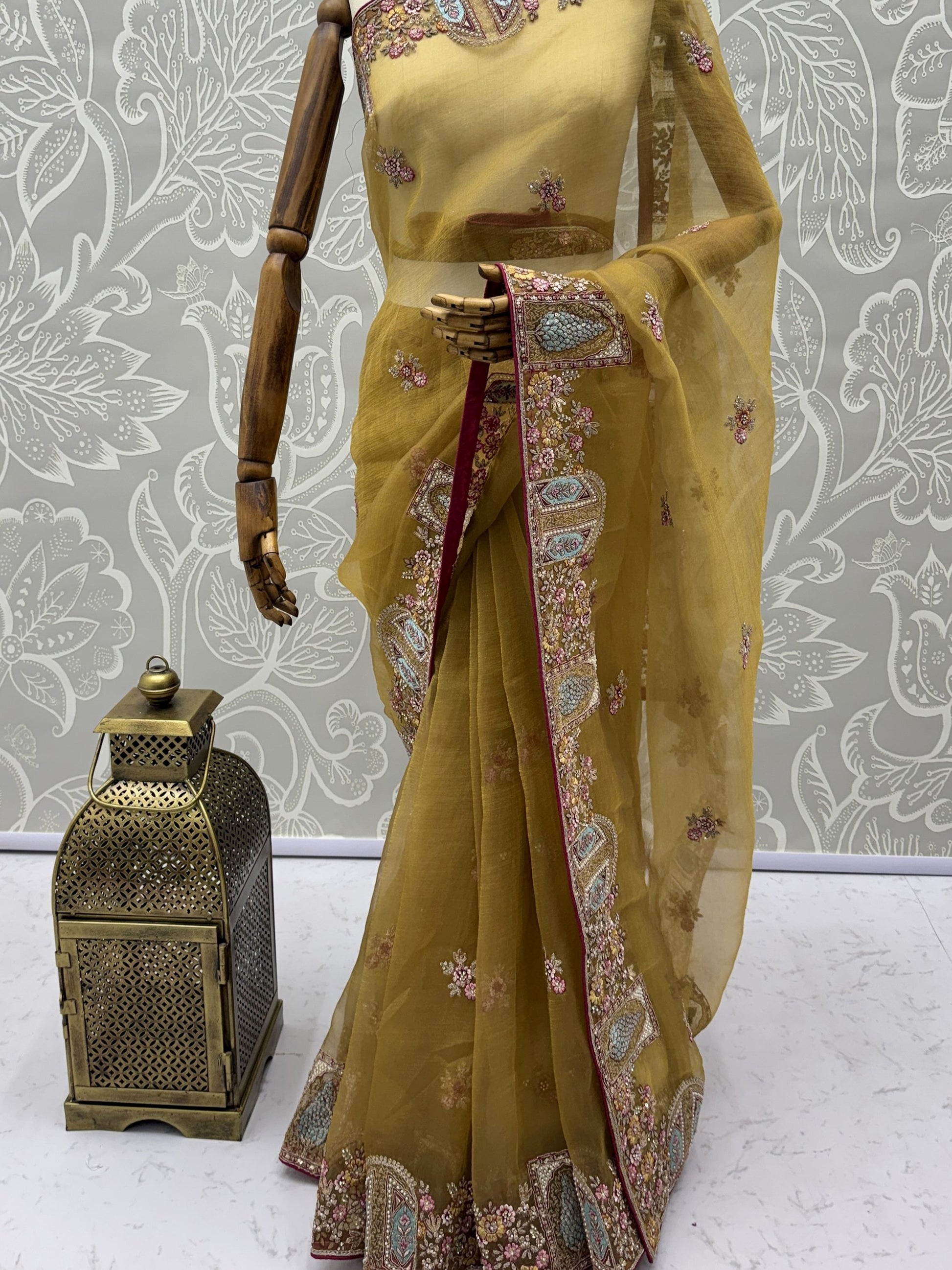 Impressive Mustard Yellow Embroidered Organza Festive Wear Saree With Blouse