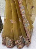 Impressive Mustard Yellow Embroidered Organza Festive Wear Saree With Blouse