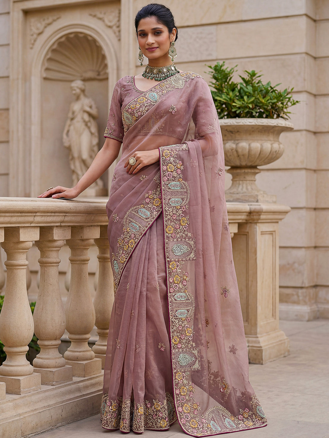 Alluring Dusty Mauve Embroidered Organza Wedding Wear Saree With Blouse