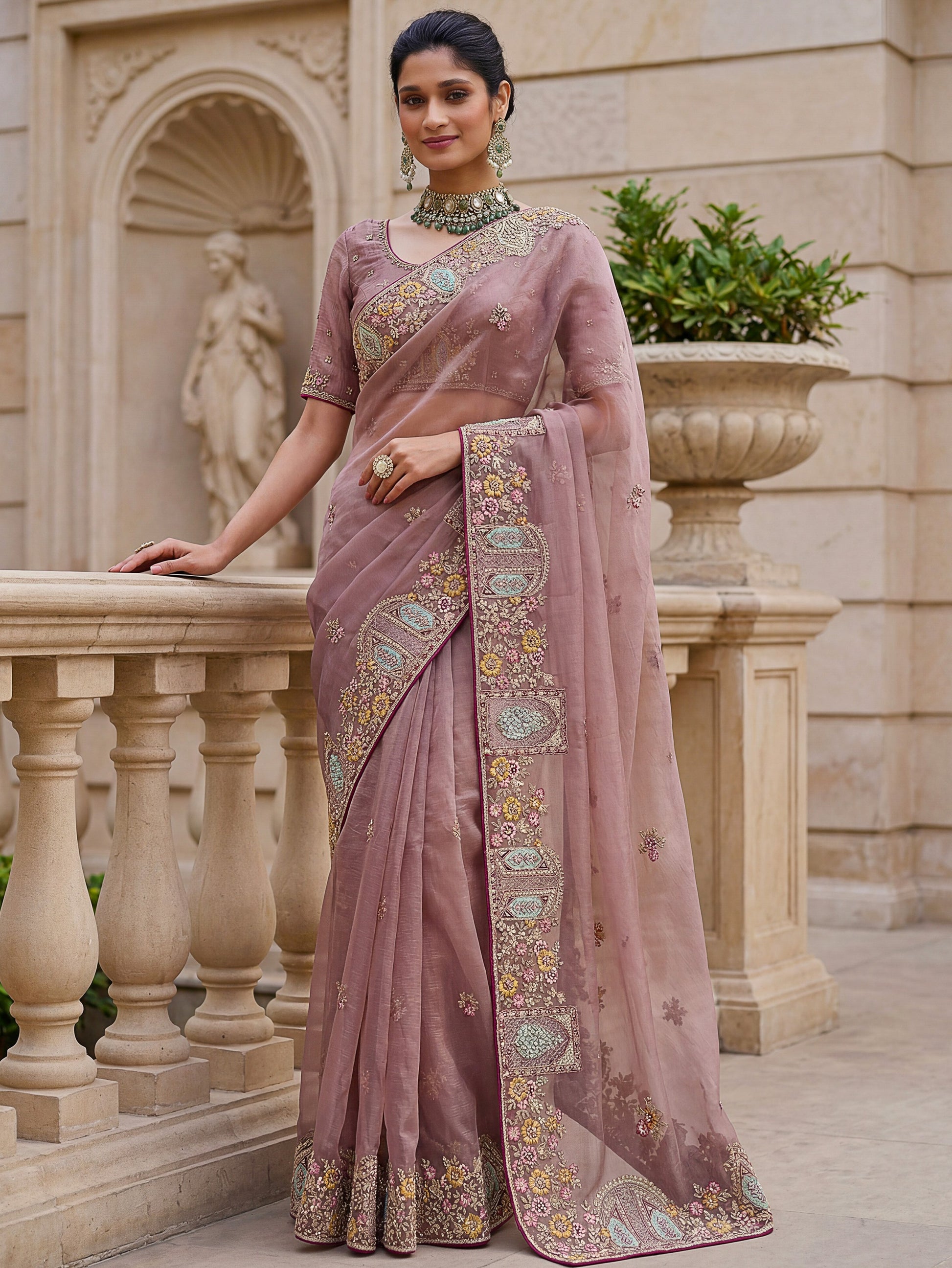 Alluring Dusty Mauve Embroidered Organza Wedding Wear Saree With Blouse
