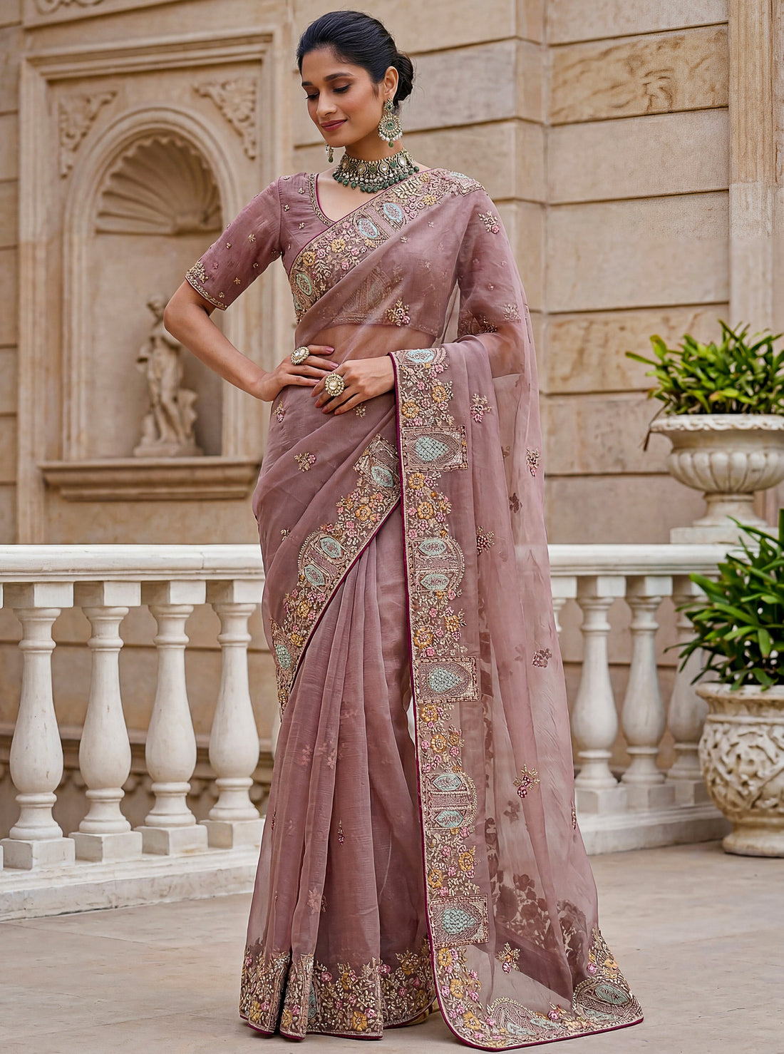 Alluring Dusty Mauve Embroidered Organza Wedding Wear Saree With Blouse