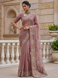 Alluring Dusty Mauve Embroidered Organza Wedding Wear Saree With Blouse