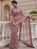 Alluring Dusty Mauve Embroidered Organza Wedding Wear Saree With Blouse