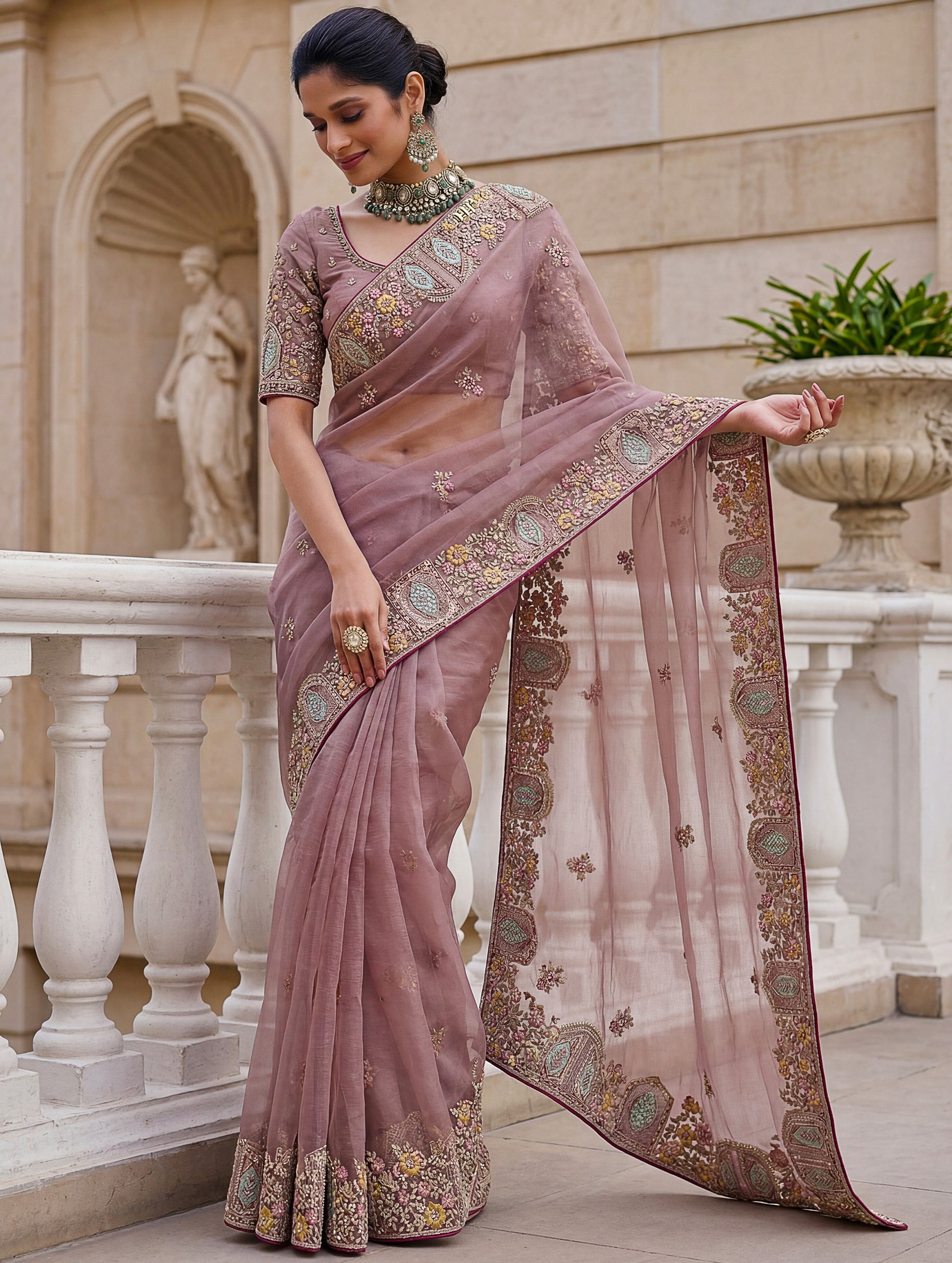 Alluring Dusty Mauve Embroidered Organza Wedding Wear Saree With Blouse