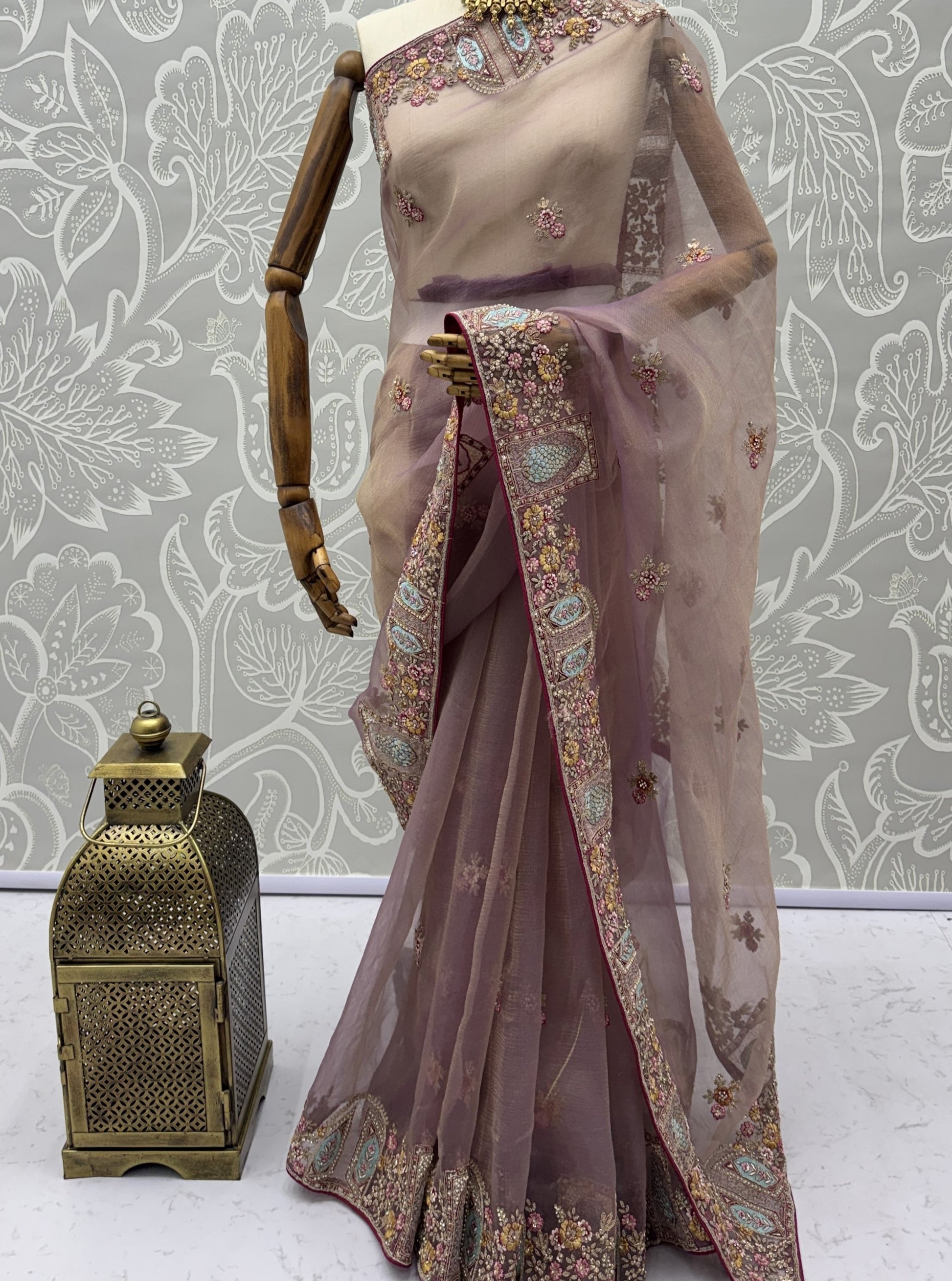 Alluring Dusty Mauve Embroidered Organza Wedding Wear Saree With Blouse