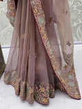 Alluring Dusty Mauve Embroidered Organza Wedding Wear Saree With Blouse