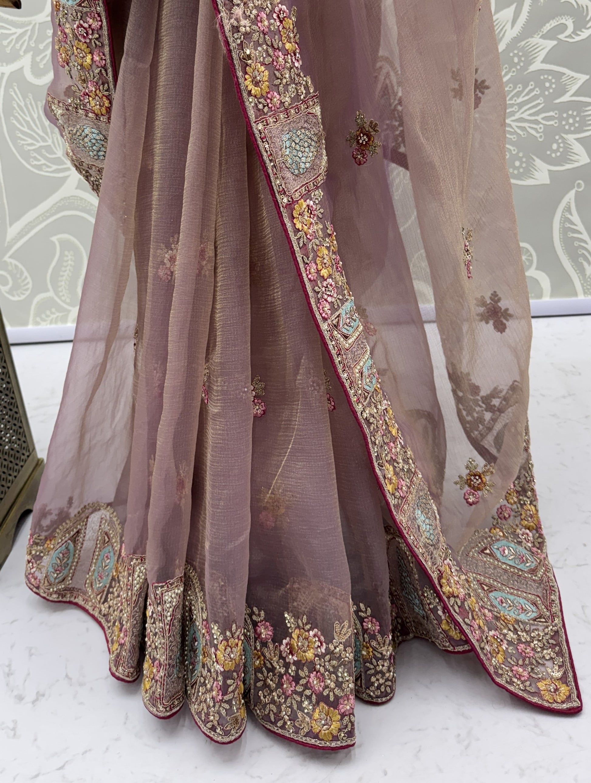Alluring Dusty Mauve Embroidered Organza Wedding Wear Saree With Blouse