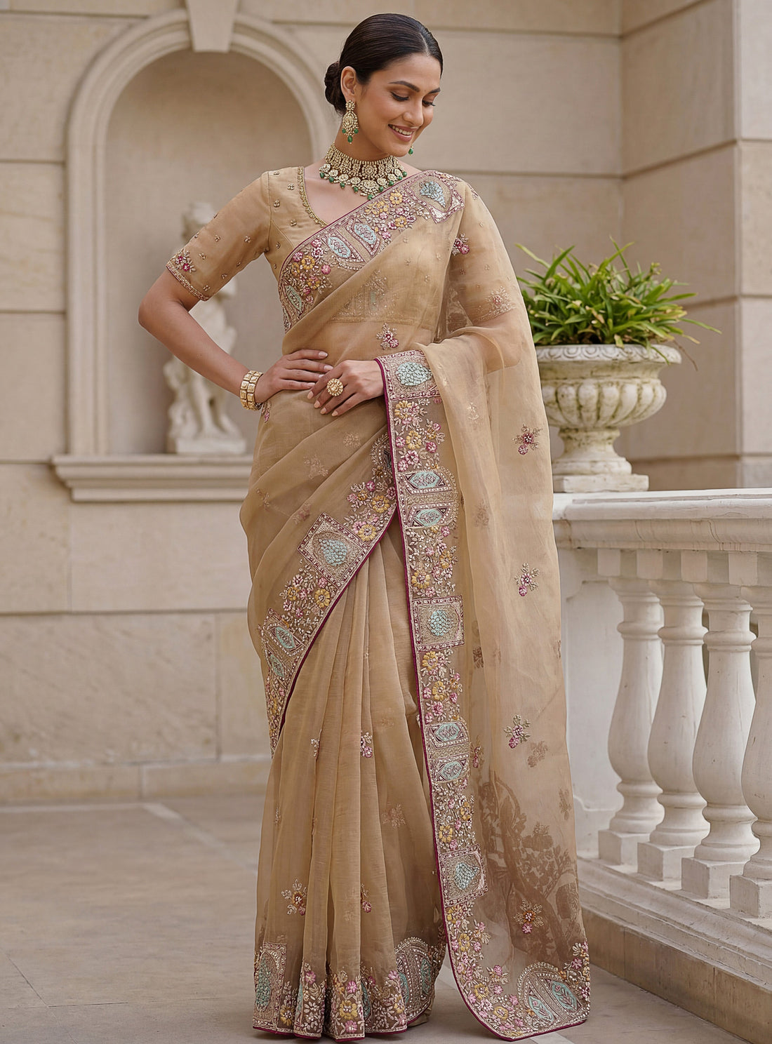 Fabulous Beige Embroidered Organza Reception Wear Saree With Blouse
