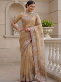 Fabulous Beige Embroidered Organza Reception Wear Saree With Blouse
