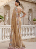 Fabulous Beige Embroidered Organza Reception Wear Saree With Blouse
