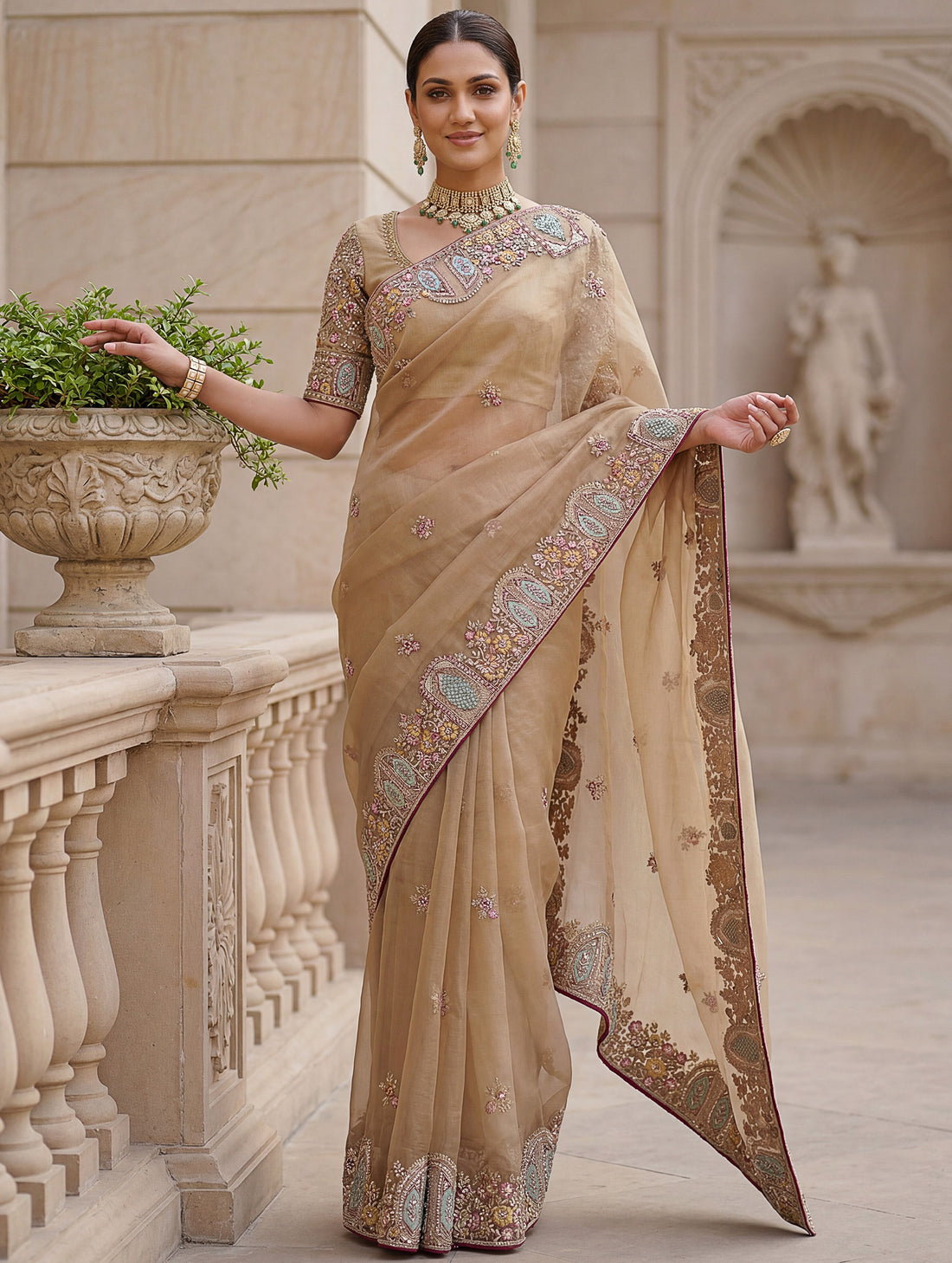 Fabulous Beige Embroidered Organza Reception Wear Saree With Blouse