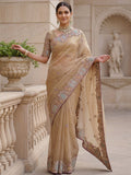 Fabulous Beige Embroidered Organza Reception Wear Saree With Blouse