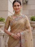 Fabulous Beige Embroidered Organza Reception Wear Saree With Blouse