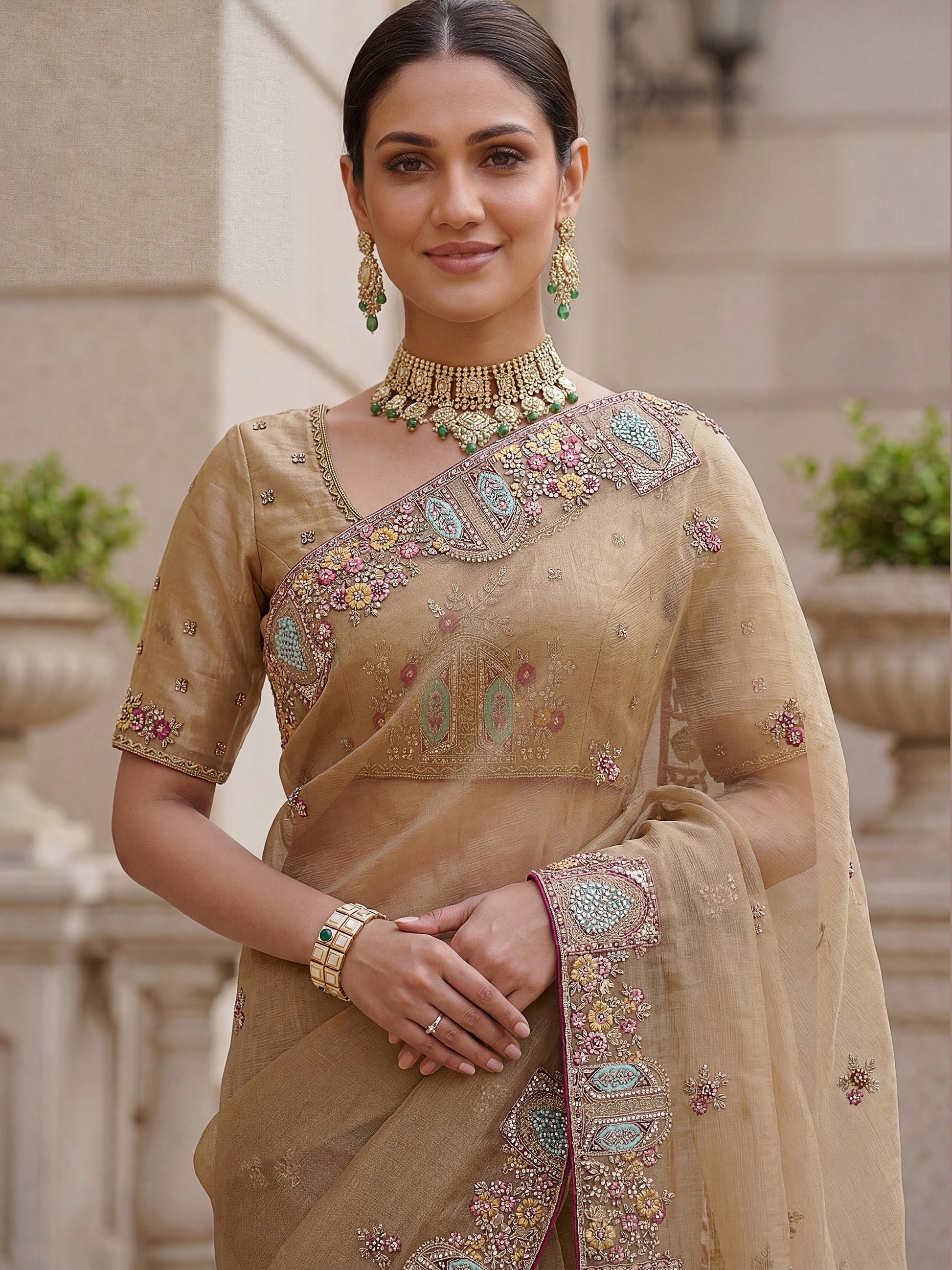 Fabulous Beige Embroidered Organza Reception Wear Saree With Blouse