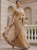 Fabulous Beige Embroidered Organza Reception Wear Saree With Blouse