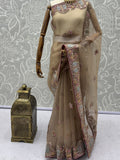 Fabulous Beige Embroidered Organza Reception Wear Saree With Blouse