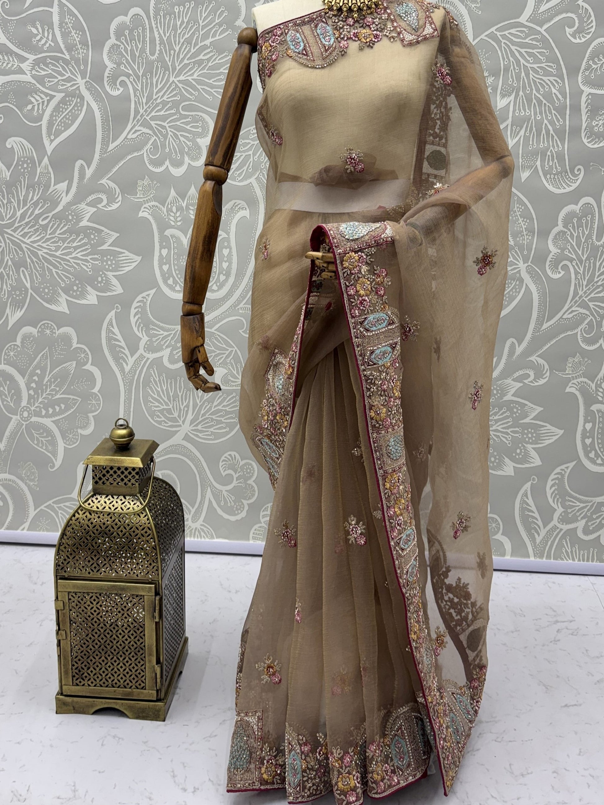 Fabulous Beige Embroidered Organza Reception Wear Saree With Blouse
