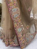 Fabulous Beige Embroidered Organza Reception Wear Saree With Blouse