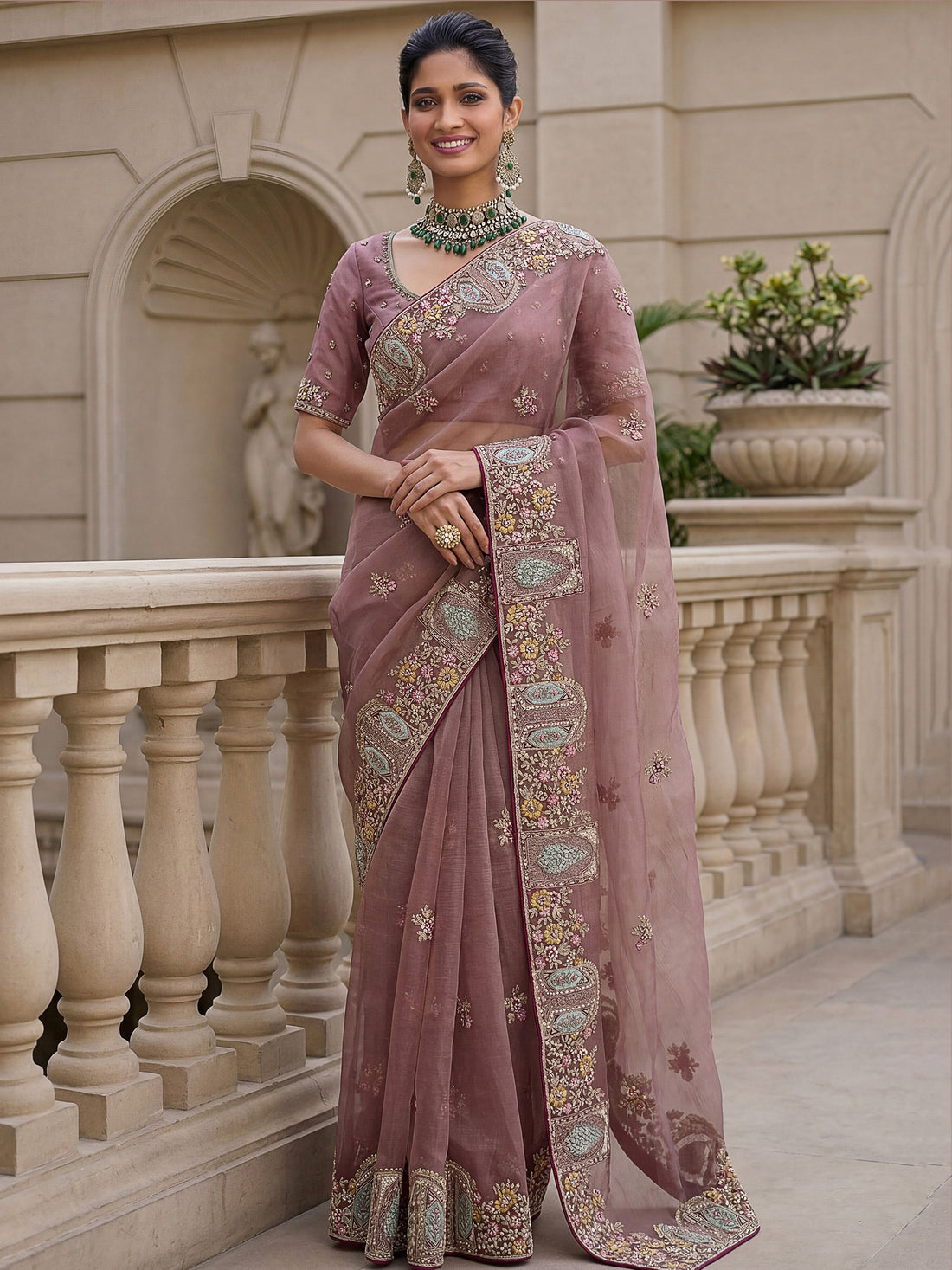 Awesome Dusty Rose Embroidered Organza Festival Wear Saree With Blouse