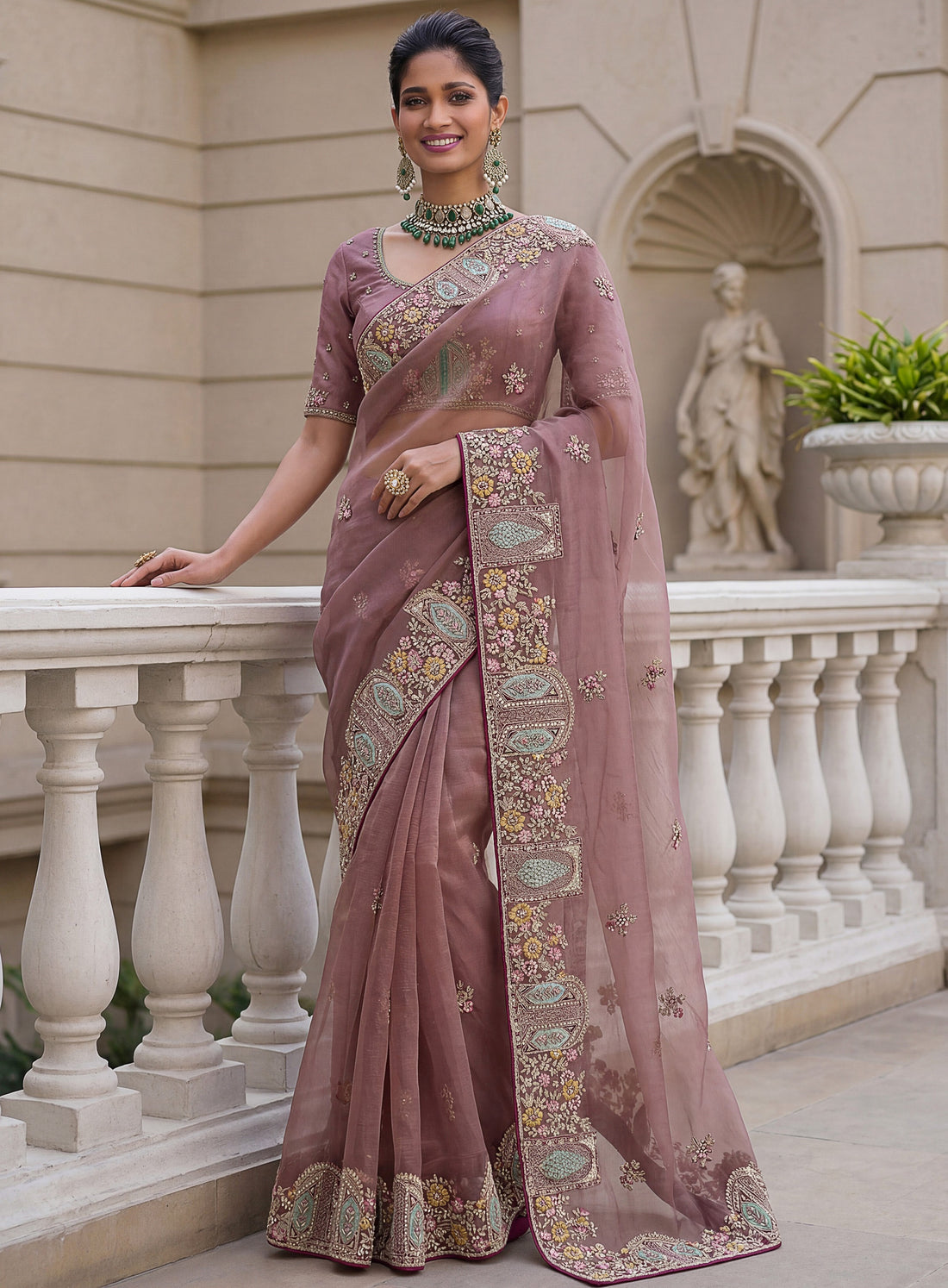 Awesome Dusty Rose Embroidered Organza Festival Wear Saree With Blouse