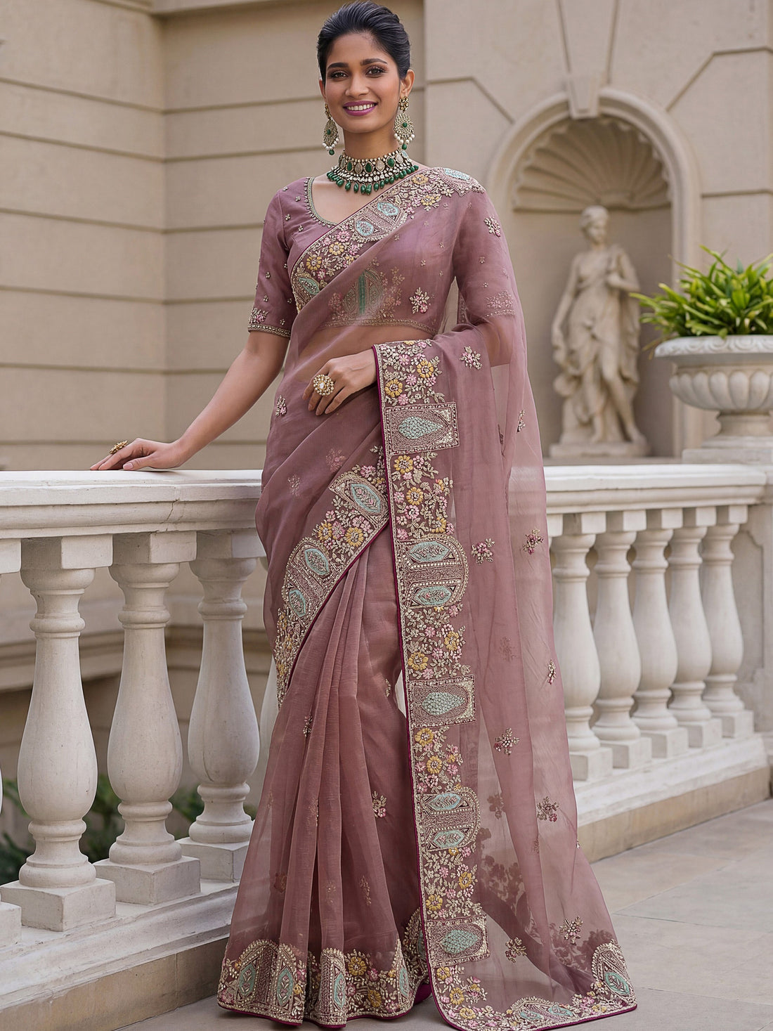 Awesome Dusty Rose Embroidered Organza Festival Wear Saree With Blouse