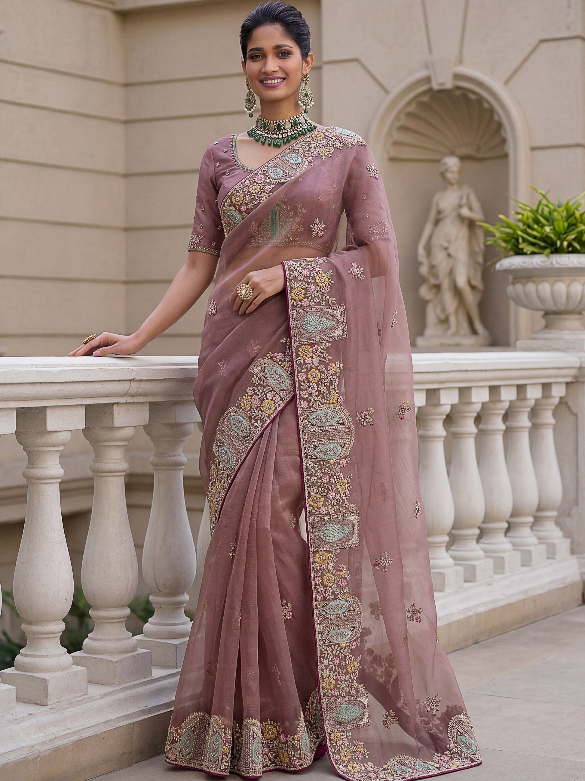 Awesome Dusty Rose Embroidered Organza Festival Wear Saree With Blouse