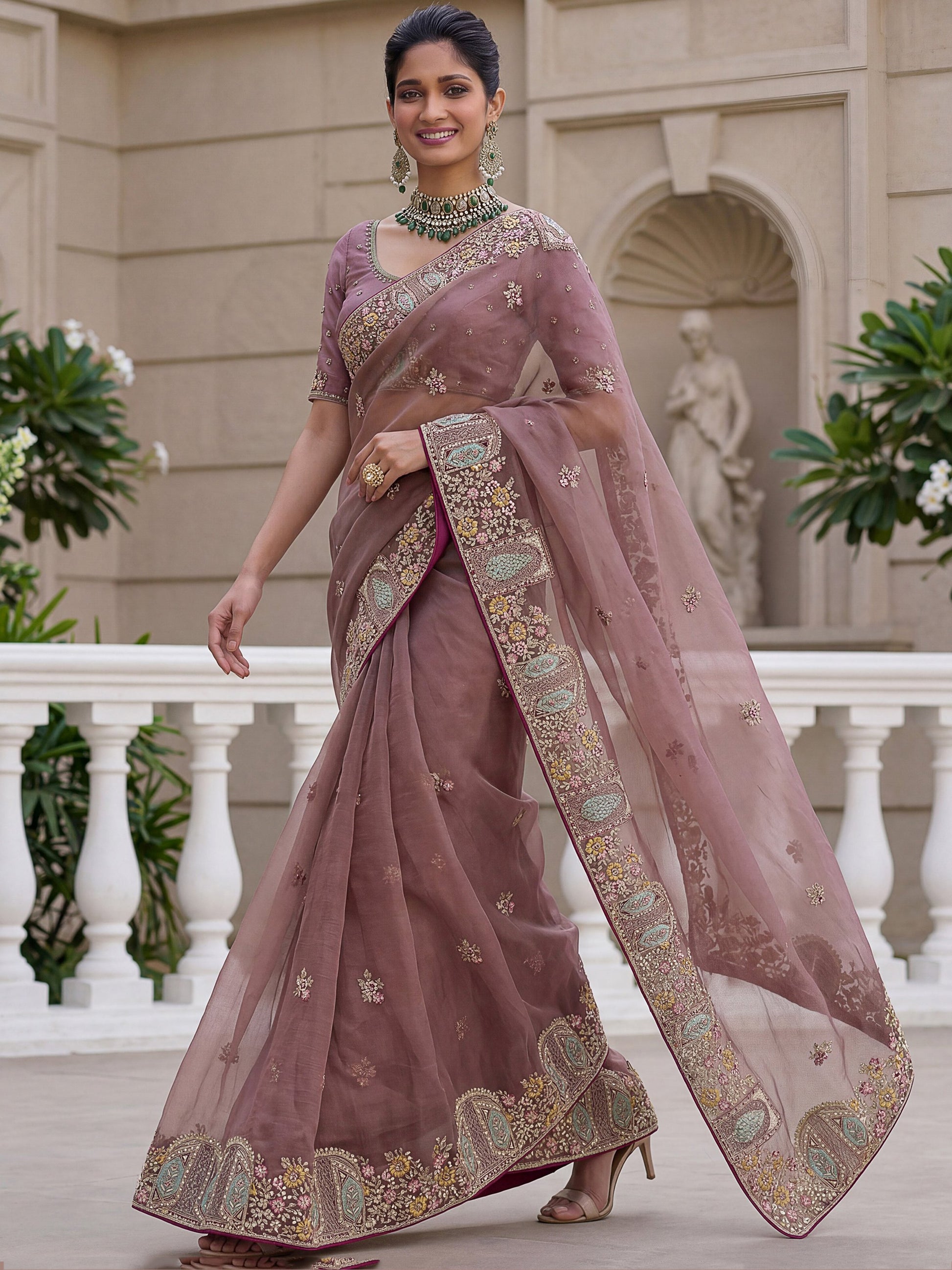 Awesome Dusty Rose Embroidered Organza Festival Wear Saree With Blouse