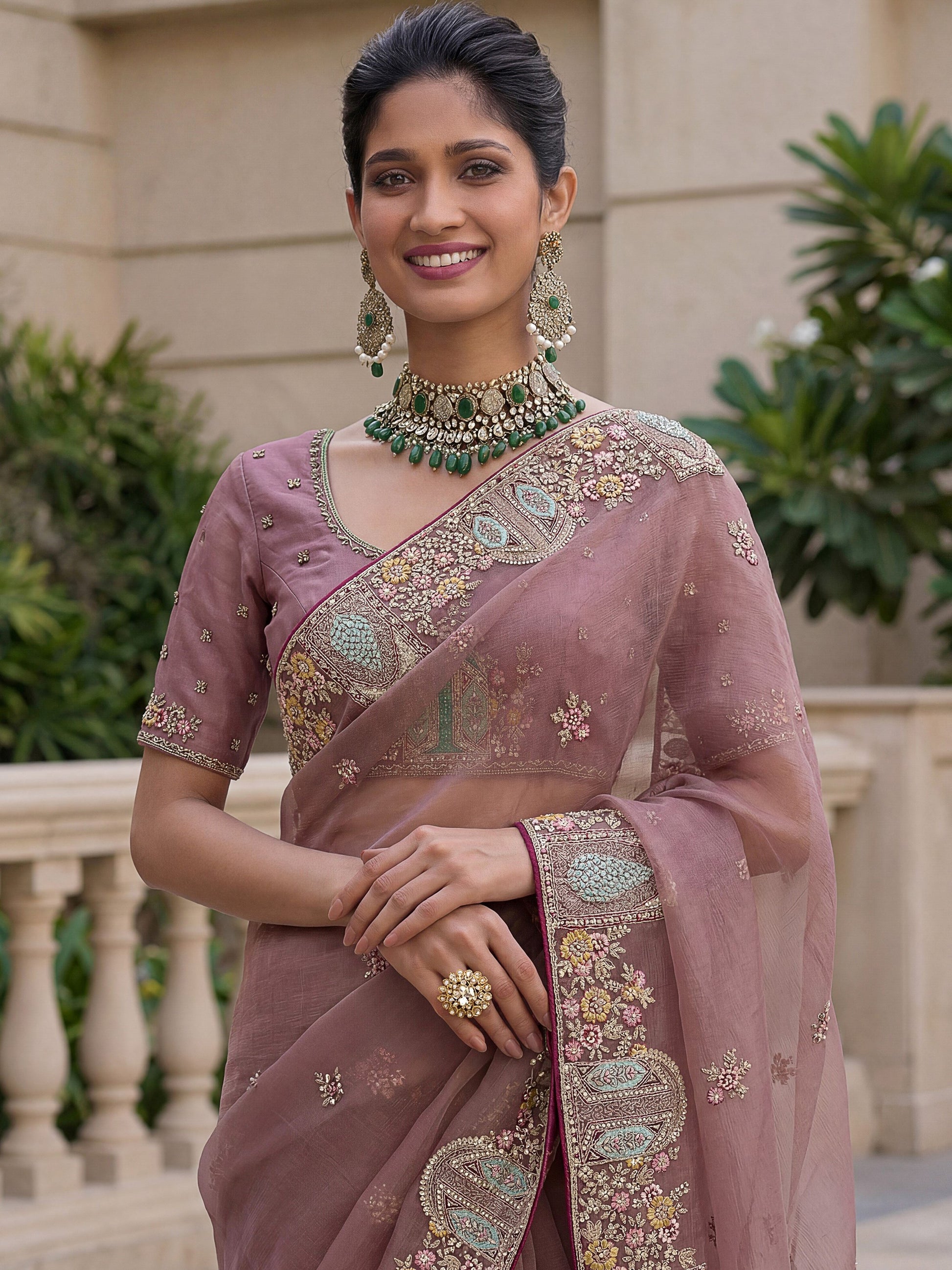 Awesome Dusty Rose Embroidered Organza Festival Wear Saree With Blouse