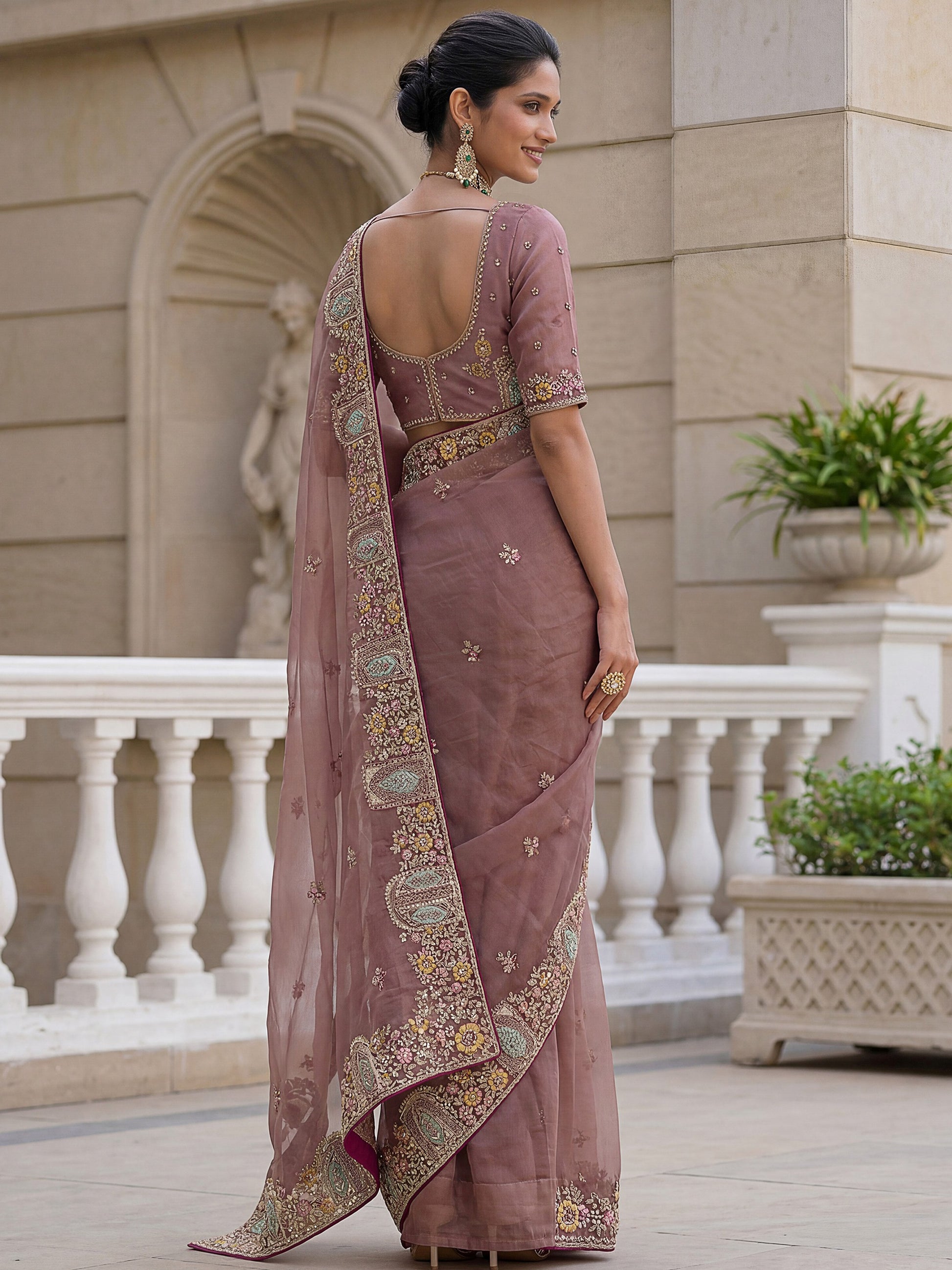 Awesome Dusty Rose Embroidered Organza Festival Wear Saree With Blouse