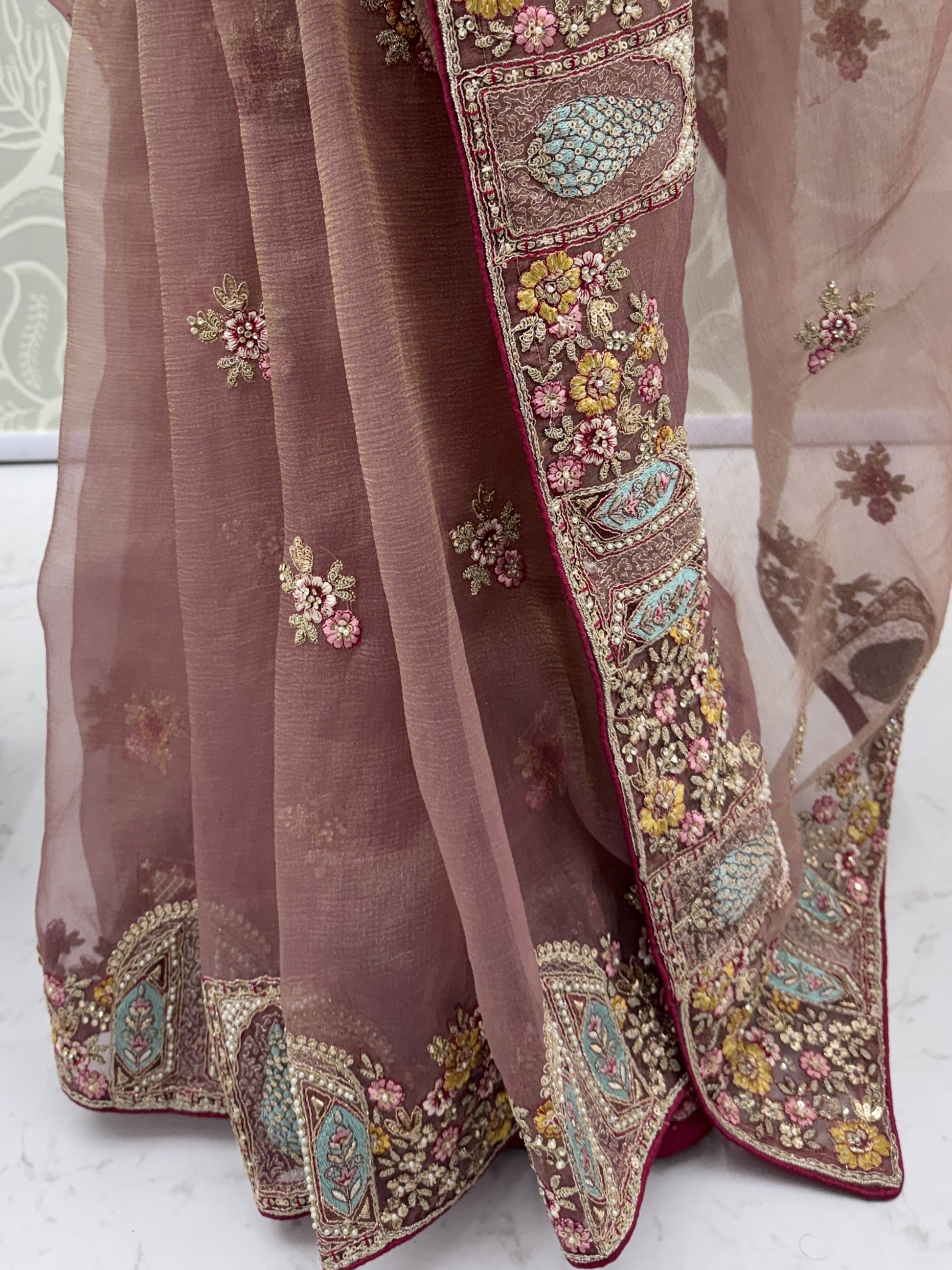 Awesome Dusty Rose Embroidered Organza Festival Wear Saree With Blouse