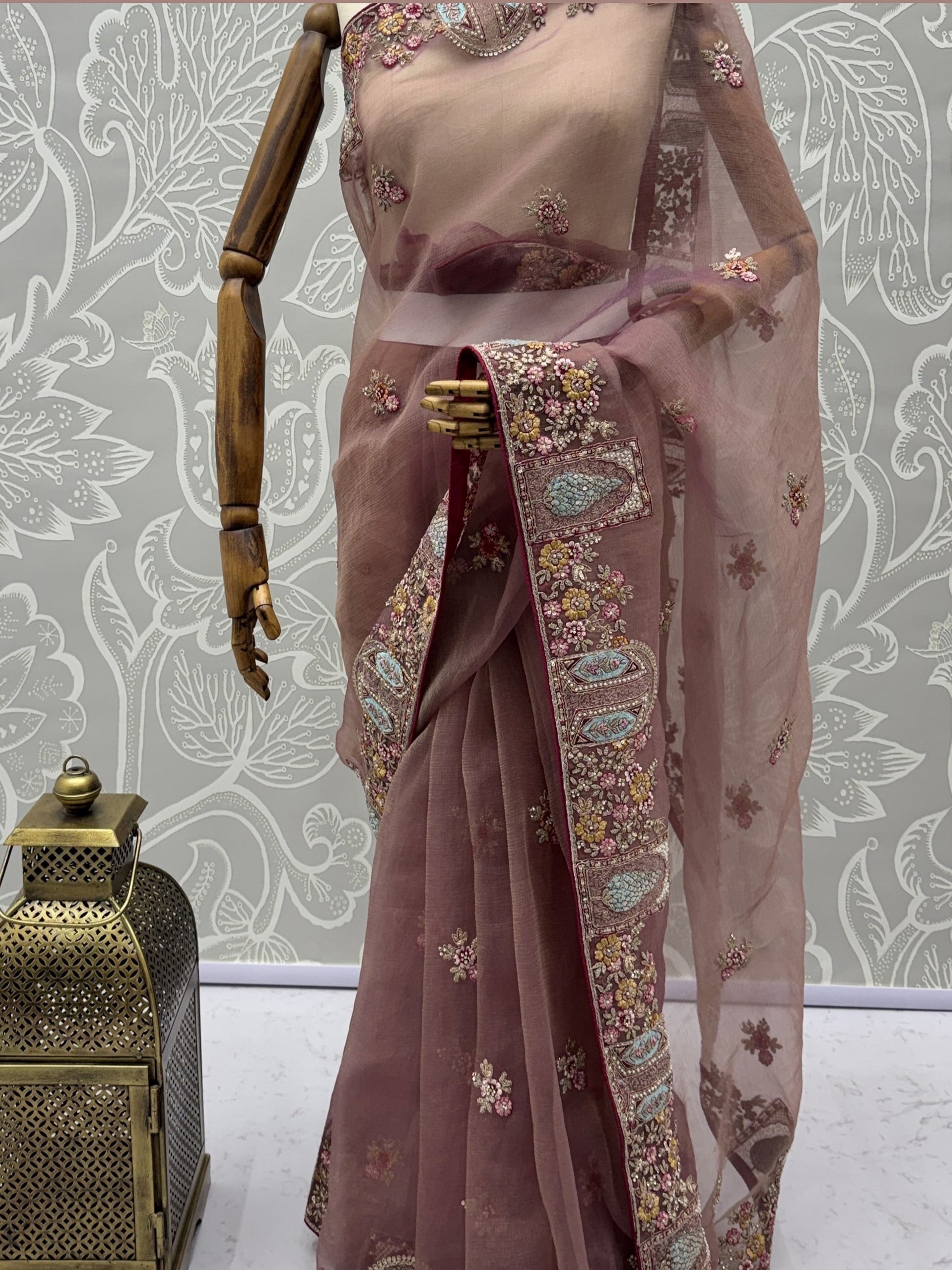 Awesome Dusty Rose Embroidered Organza Festival Wear Saree With Blouse