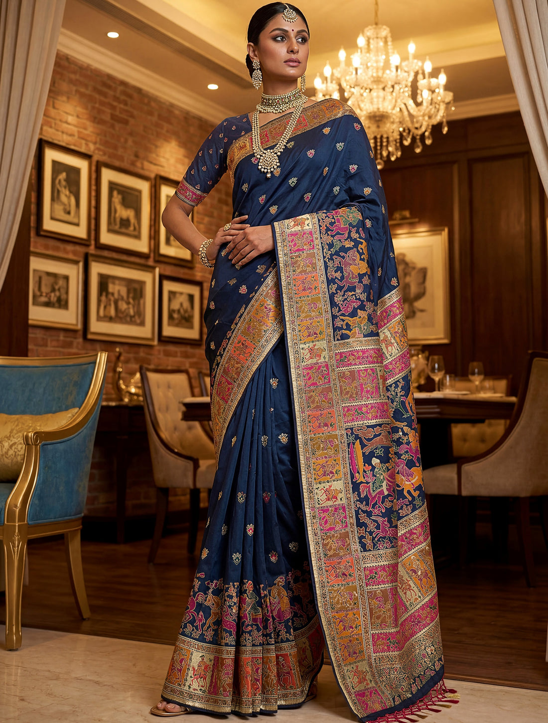 Magnificent Navy-Blue Zari Work Silk Festival Wear Saree With Blouse