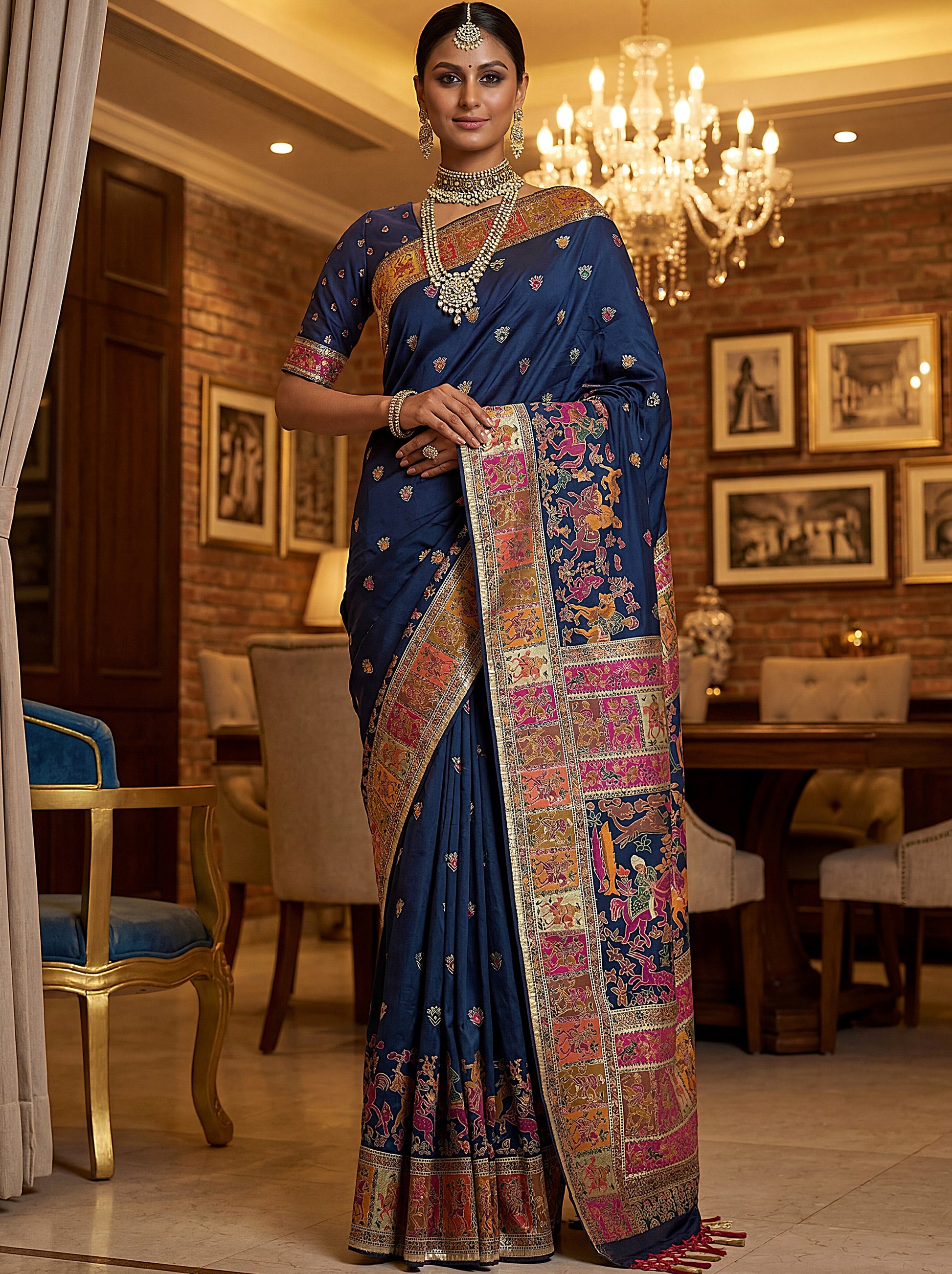 Magnificent Navy-Blue Zari Work Silk Festival Wear Saree With Blouse