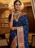 Magnificent Navy-Blue Zari Work Silk Festival Wear Saree With Blouse
