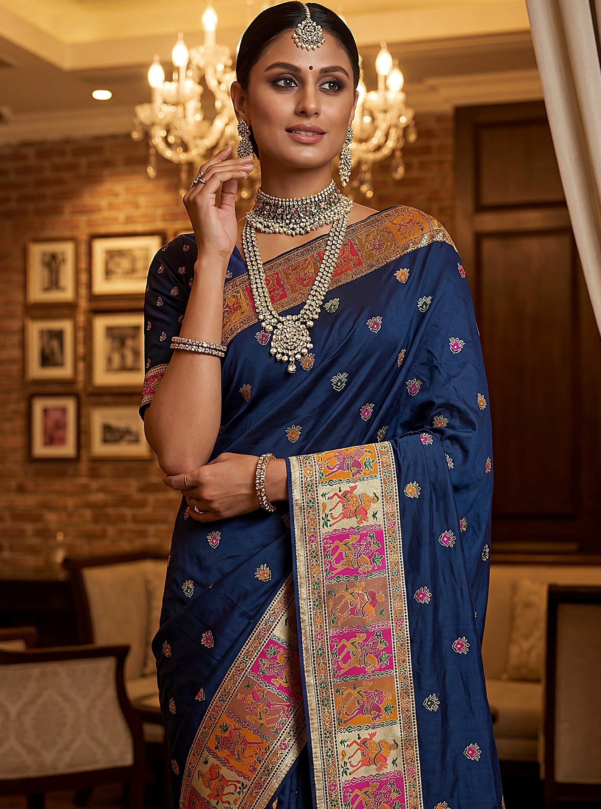 Magnificent Navy-Blue Zari Work Silk Festival Wear Saree With Blouse
