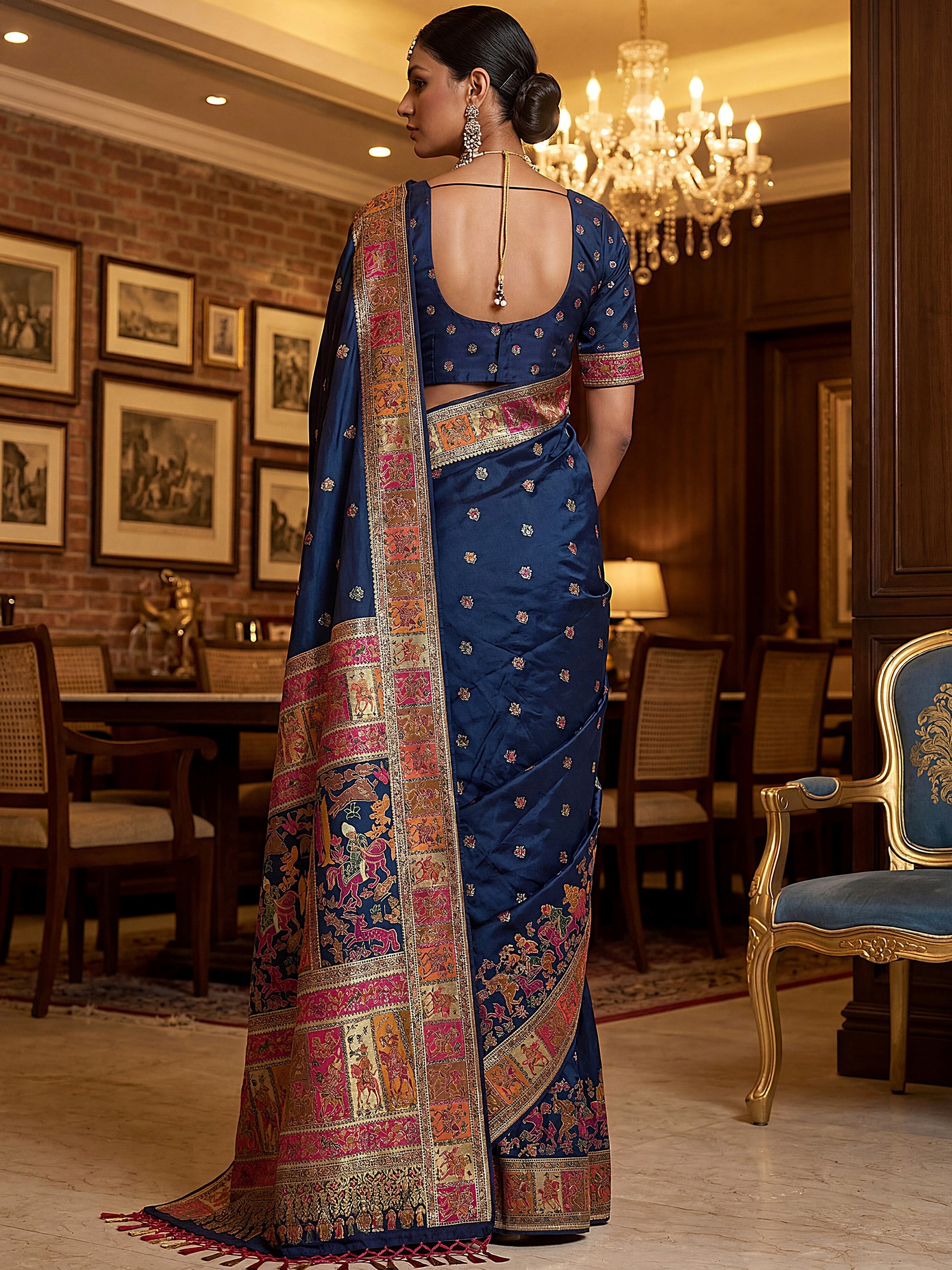 Magnificent Navy-Blue Zari Work Silk Festival Wear Saree With Blouse