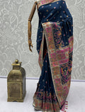 Magnificent Navy-Blue Zari Work Silk Festival Wear Saree With Blouse