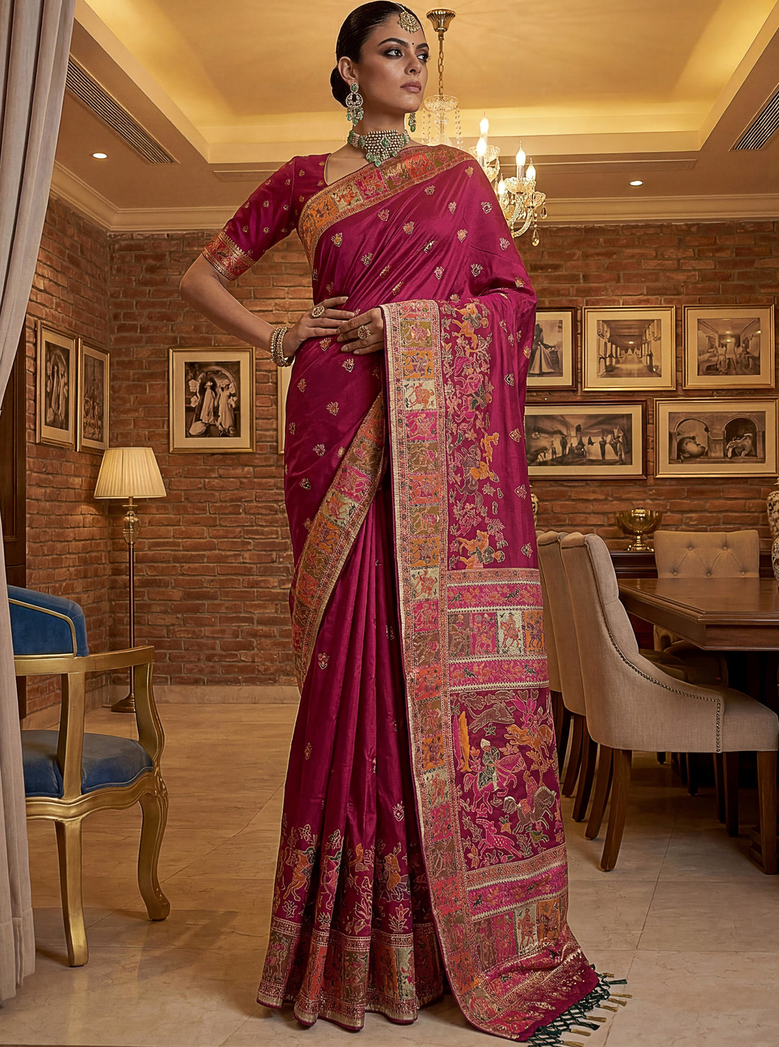 Incredible Rani Pink Zari Work Silk Traditional Wear Saree With Blouse