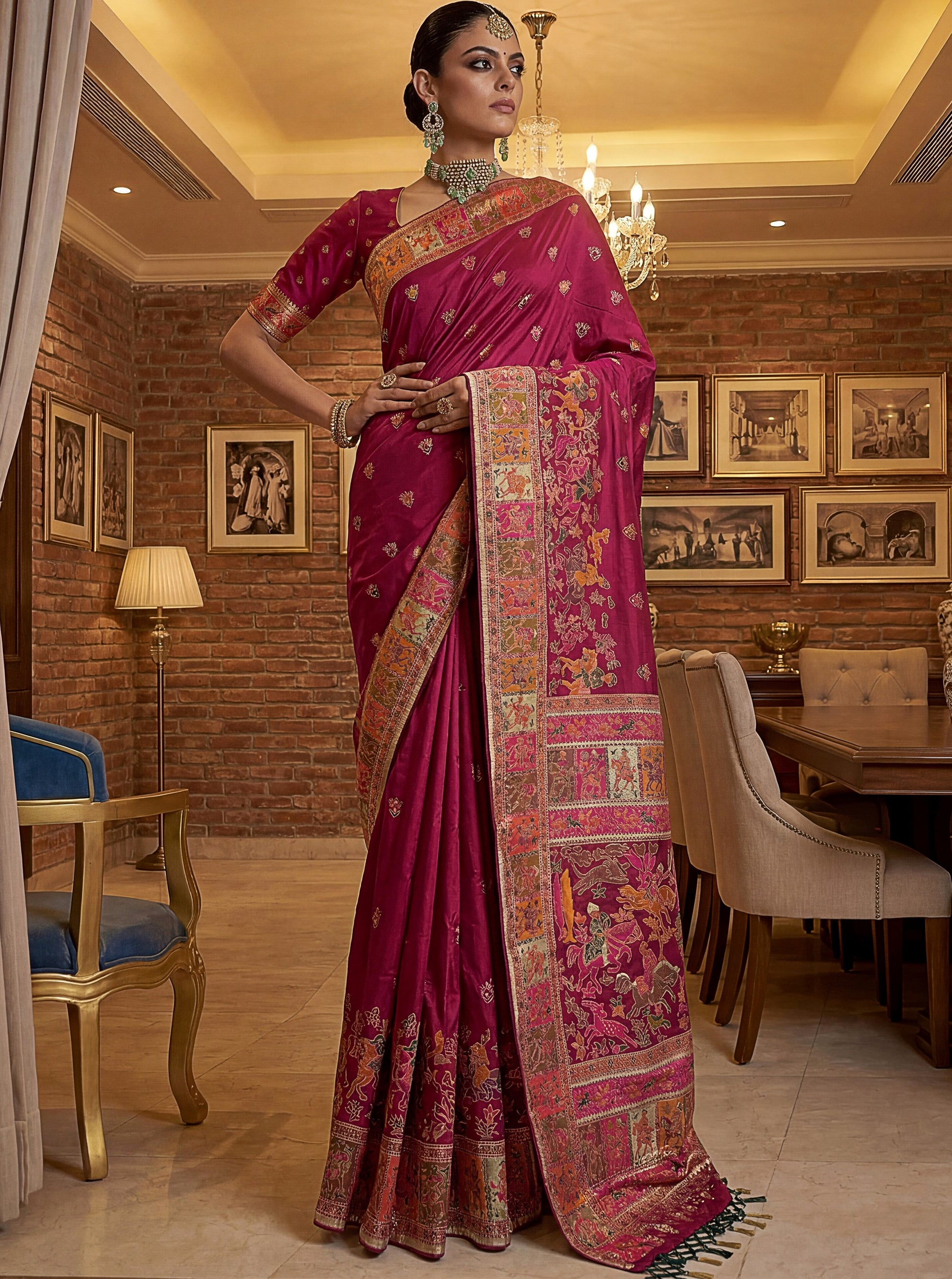 Incredible Rani Pink Zari Work Silk Traditional Wear Saree With Blouse