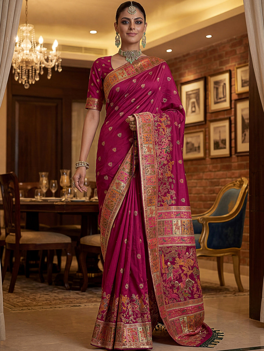 Incredible Rani Pink Zari Work Silk Traditional Wear Saree With Blouse