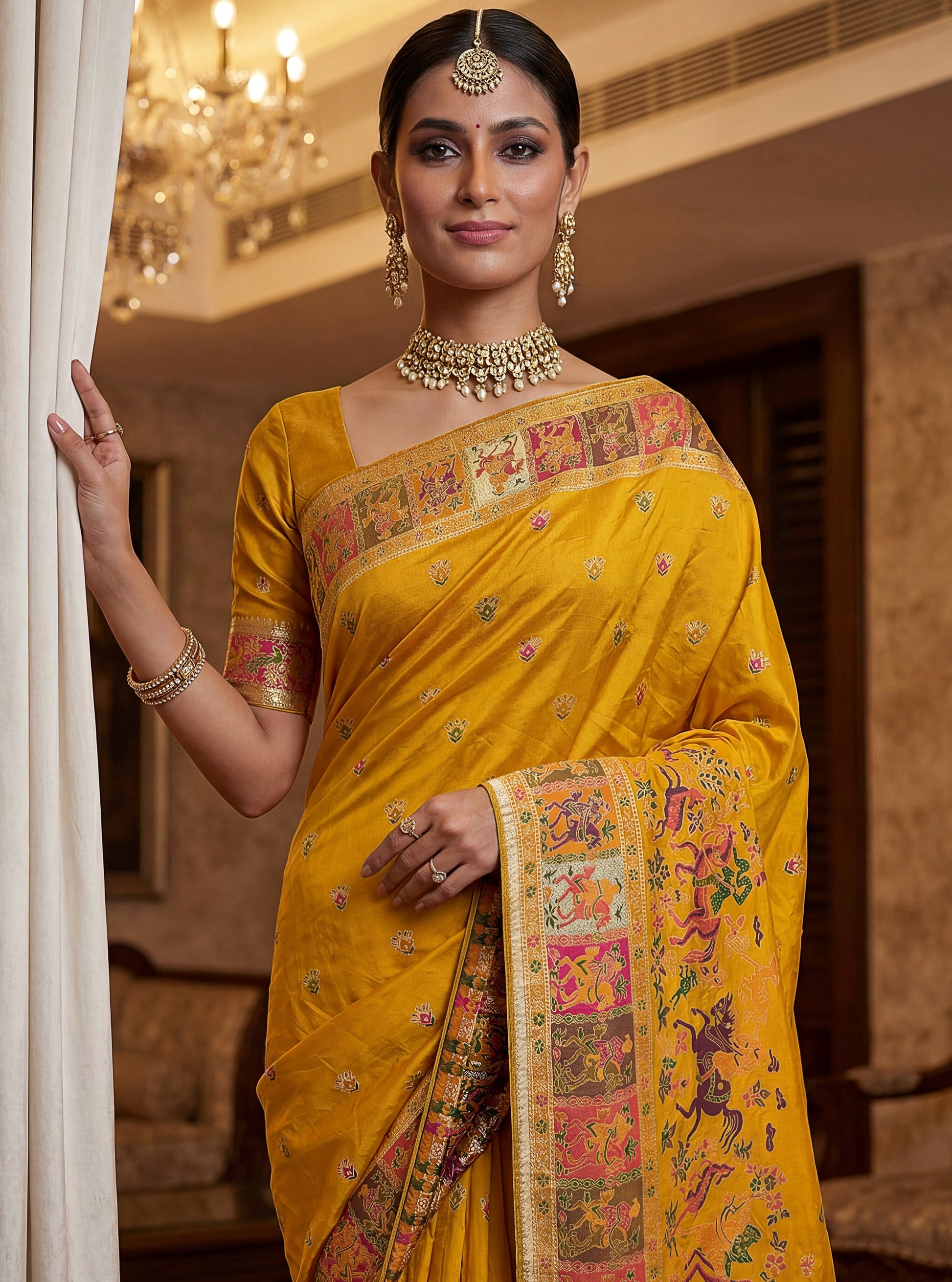 Fabulous Mustard Yellow Zari Weaving Silk Function Wear Saree With Blouse
