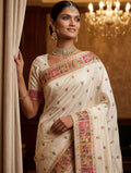 Awesome Off- White Zari Weaving Silk Wedding Wear Saree With Blouse