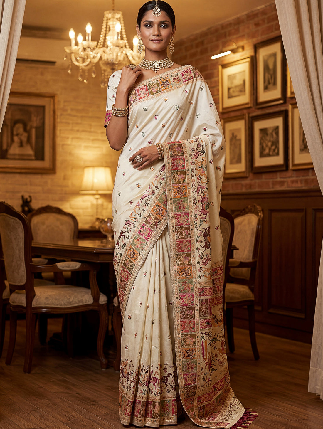 Awesome Off- White Zari Weaving Silk Wedding Wear Saree With Blouse
