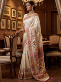 Awesome Off- White Zari Weaving Silk Wedding Wear Saree With Blouse